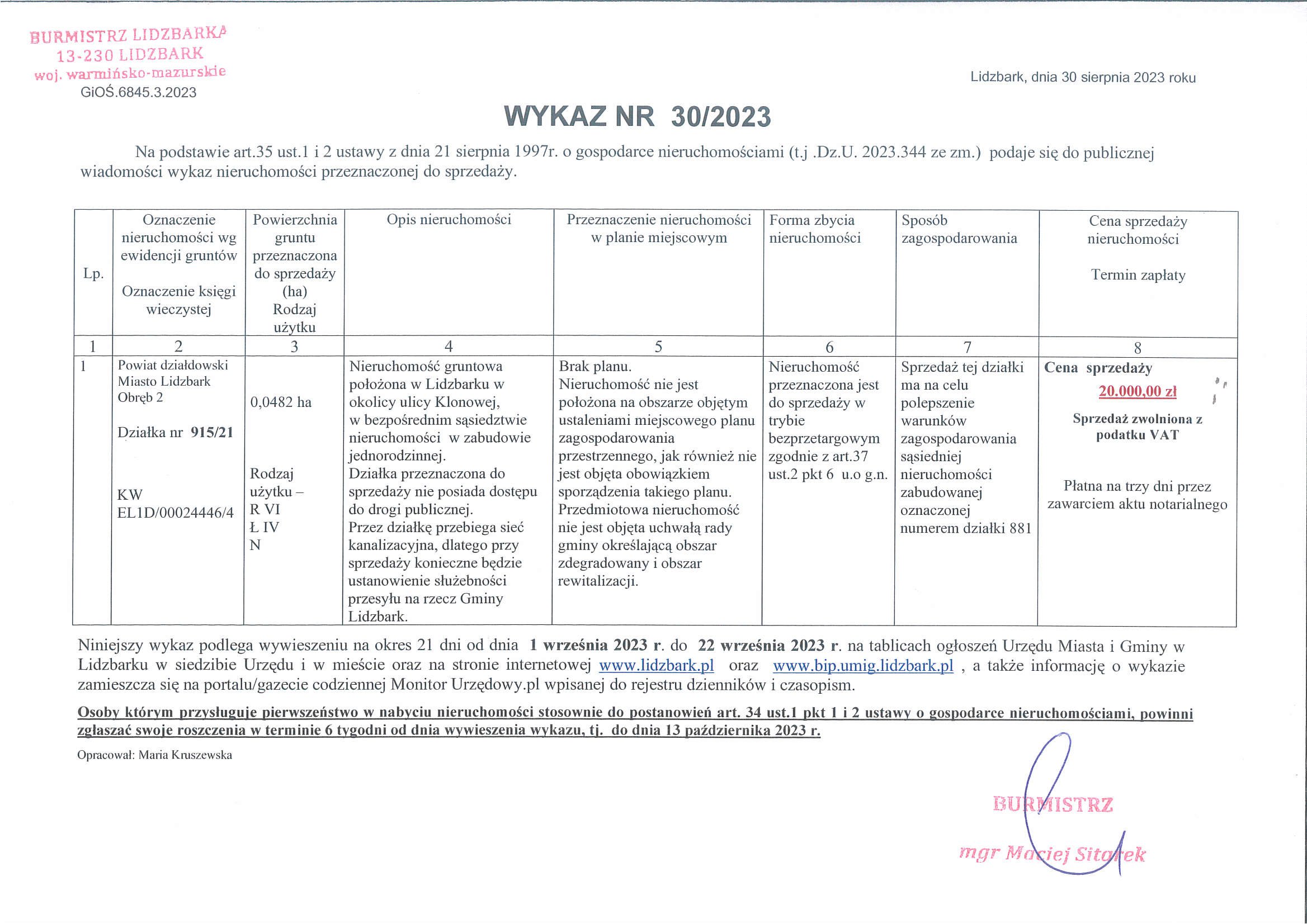 Wykaz Nr 30/2023 -  Nieruchomość gruntowa do sprzedaży - ul. Klonowa  dz. nr 915/21 obr. 2